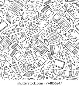 Cartoon cute hand drawn Design and Art seamless pattern. Illustration with lots of elements. Endless funny vector background