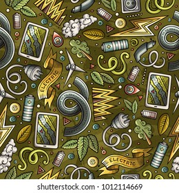 Cartoon cute hand drawn electric cars seamless pattern. Colorful detailed, with lots of objects background. Endless funny vector illustration. Bright colors backdrop