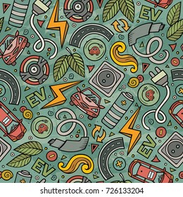 Cartoon cute hand drawn electric vehicles seamless pattern. Colorful detailed, with lots of objects background. Endless funny vector illustration. Bright colors backdrop