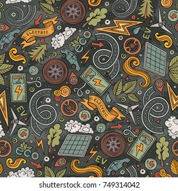 Cartoon cute hand drawn electric vehicles seamless pattern. Colorful detailed, with lots of objects background. Endless funny vector illustration. Bright colors backdrop