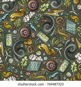 Cartoon cute hand drawn electric automotive seamless pattern. Colorful detailed, with lots of objects background. Endless funny vector illustration. Bright colors backdrop