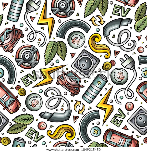 Cartoon cute hand drawn electric\
cars seamless pattern. Colorful detailed, with lots of objects\
background. Endless funny vector illustration. Bright colors\
backdrop