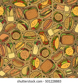 Cartoon cute hand drawn Fast food seamless pattern. Colorful with lots of objects background. Endless funny vector illustration. Bright colors backdrop with fastfood symbols and items