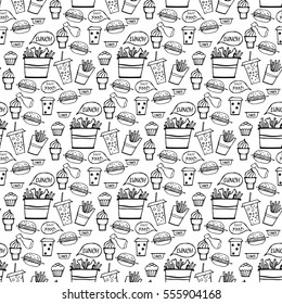 Cartoon cute hand drawn Fast food seamless pattern.Sketch backdrop with fastfood symbols and items. Burger, dessert, cola, french fries, sauce.