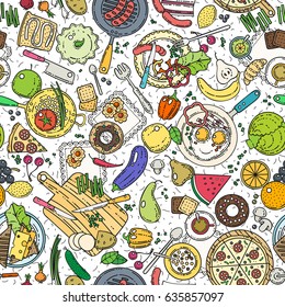 Cartoon cute hand drawn food seamless pattern. 