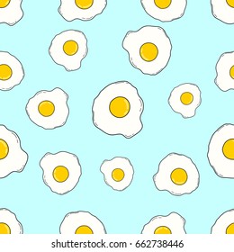 Cartoon cute hand drawn fried egg seamless background. Drawing on a blue background. Doodle.