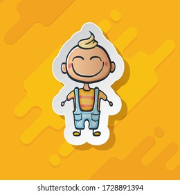 Cartoon cute hand drawn funny boy sticker isolated on orange background, Cartoon happy children with funny hair. 1 june international childrens day background with little smiling baby boy