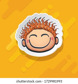 Cartoon cute hand drawn funny boy face isolated on orange background, Cartoon happy children with funny hair. 1 june international childrens day background with little smiling baby boy icon or label