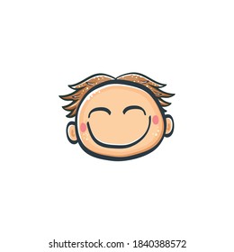 Cartoon cute hand drawn funny boy face isolated on white background, Cartoon happy children with funny hair. 1 june international childrens day background with little smiling baby boy icon or label