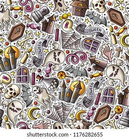 Cartoon cute hand drawn Halloween seamless pattern. Colorful detailed, with lots of objects background. Endless funny vector illustration. Bright colors holiday backdrop.