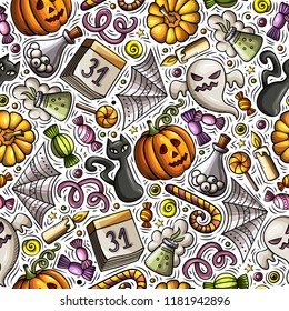 Cartoon cute hand drawn Halloween seamless pattern. Colorful detailed, with lots of objects background. Endless funny vector illustration. Bright colors holiday backdrop.
