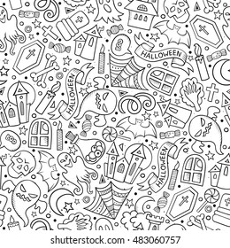 Cartoon cute hand drawn Halloween seamless pattern. Line art detailed, with lots of objects background. Endless funny vector illustration. Sketchy holiday backdrop.