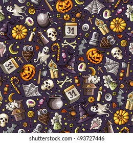 Cartoon cute hand drawn Halloween seamless pattern. Colorful detailed, with lots of objects background. Endless funny vector illustration. Bright colors holiday backdrop.