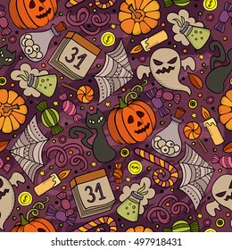 Cartoon cute hand drawn Halloween seamless pattern. Colorful detailed, with lots of objects background. Endless funny vector illustration. Bright colors holiday backdrop.