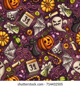 Cartoon cute hand drawn Halloween seamless pattern. Colorful detailed, with lots of objects background. Endless funny vector illustration. Bright colors holiday backdrop.