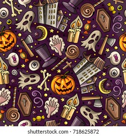 Cartoon cute hand drawn Halloween seamless pattern. Colorful detailed, with lots of objects background. Endless funny vector illustration. Bright colors holiday backdrop.