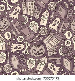 Cartoon cute hand drawn Halloween seamless pattern. Toned detailed, with lots of objects background. Endless funny vector illustration