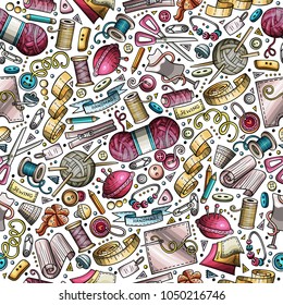 Cartoon cute hand drawn Handmade seamless pattern. Colorful detailed, with lots of objects background. Endless funny vector illustration