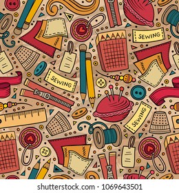 Cartoon cute hand drawn Handmade seamless pattern. Colorful detailed, with lots of objects background. Endless funny vector illustration