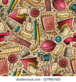 Cartoon cute hand drawn Handmade seamless pattern. Colorful detailed, with lots of objects background. Endless funny vector illustration