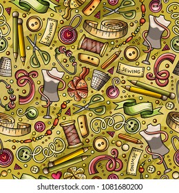 Cartoon cute hand drawn Handmade seamless pattern. Colorful detailed, with lots of objects background. Endless funny vector illustration