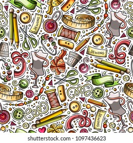 Cartoon cute hand drawn Handmade seamless pattern. Colorful detailed, with lots of objects background. Endless funny vector illustration