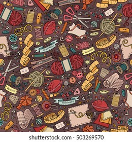 Cartoon cute hand drawn Handmade seamless pattern. Colorful detailed, with lots of objects background. Endless funny vector illustration
