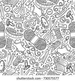 Cartoon cute hand drawn Handmade seamless pattern. Line art detailed, with lots of objects background. Endless funny vector illustration