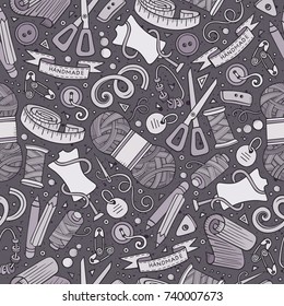 Cartoon cute hand drawn Handmade seamless pattern. Toned detailed, with lots of objects background. Endless funny vector illustration