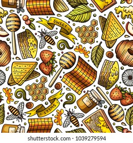 Cartoon cute hand drawn Honey seamless pattern. Colorful detailed, with lots of objects background. Endless funny vector illustration. Bright colors backdrop