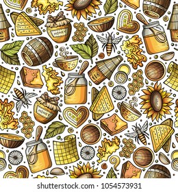 Cartoon cute hand drawn Honey seamless pattern. Colorful detailed, with lots of objects background. Endless funny vector illustration. Bright colors backdrop
