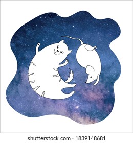 Cartoon cute hand drawn illustration of cat and mouse floating in the space