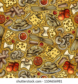 Cartoon cute hand drawn Italian food seamless pattern. Colorful with lots of objects background. Endless funny vector illustration
