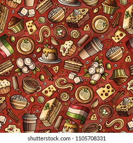 Cartoon cute hand drawn Italian food seamless pattern. Colorful with lots of objects background. Endless funny vector illustration.