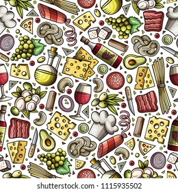 Cartoon cute hand drawn Italian food seamless pattern. Colorful with lots of objects background. Endless funny vector illustration.