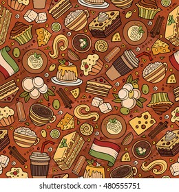 Cartoon cute hand drawn Italian food seamless pattern. Colorful with lots of objects background. Endless funny vector illustration.