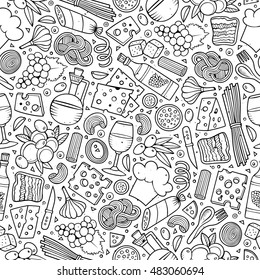 Cartoon Cute Hand Drawn Italian Food Seamless Pattern. Line Art With Lots Of Objects Background. Endless Funny Vector Illustration.