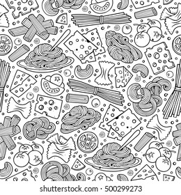 Cartoon cute hand drawn Italian food seamless pattern. Line art with lots of objects background. Endless funny vector illustration