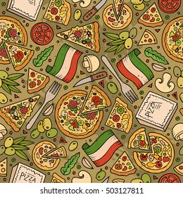 Cartoon cute hand drawn Italian food seamless pattern. Colorful with lots of objects background. Endless funny vector illustration.