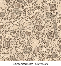 Cartoon Cute Hand Drawn Italian Food Seamless Pattern. Line Art With Lots Of Objects Background. Endless Funny Vector Illustration.