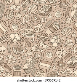 Cartoon cute hand drawn Italian food seamless pattern. Monochrome with lots of objects background. Endless funny vector illustration.