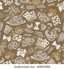 Cartoon cute hand drawn Italian food seamless pattern. Monochrome with lots of objects background. Endless funny vector illustration