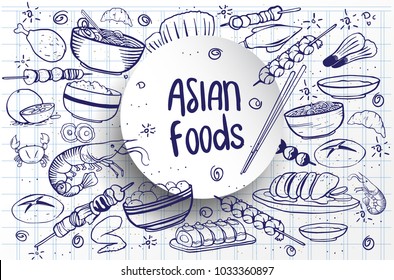 Cartoon cute hand drawn Japan food seamless pattern. Line art with lots of objects background. Endless funny vector illustration. Sketchy backdrop with asian cuisine symbols and items