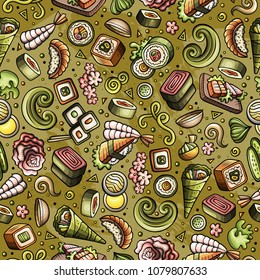 Cartoon cute hand drawn Japan food seamless pattern. Colorful with lots of objects background. Endless funny vector illustration. Bright colors backdrop with japanese cuisine symbols and items