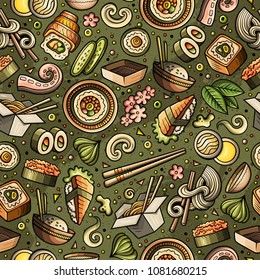 Cartoon cute hand drawn Japan food seamless pattern. Colorful with lots of objects background. Endless funny vector illustration. Bright colors backdrop with japanese cuisine symbols and items