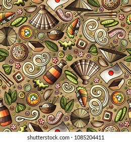 Cartoon cute hand drawn Japan food seamless pattern. Colorful with lots of objects background. Endless funny vector illustration. Bright colors backdrop with japanese cuisine symbols and items
