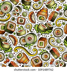 Cartoon cute hand drawn Japan food seamless pattern. Colorful with lots of objects background. Endless funny vector illustration. Bright colors backdrop with japanese cuisine symbols and items