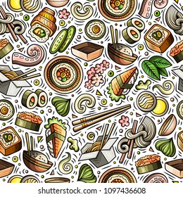Cartoon cute hand drawn Japan food seamless pattern. Colorful with lots of objects background. Endless funny vector illustration. Bright colors backdrop with japanese cuisine symbols and items