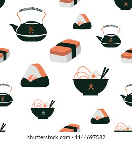 Cartoon cute hand drawn Japan food seamless pattern. Sushi, ramen soup, teapot icons. Vector illustration.