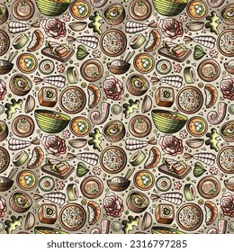 Cartoon cute hand drawn Japan food seamless pattern. Colorful with lots of objects background. Endless funny vector illustration. Bright colors backdrop with japanese cuisine symbols and items